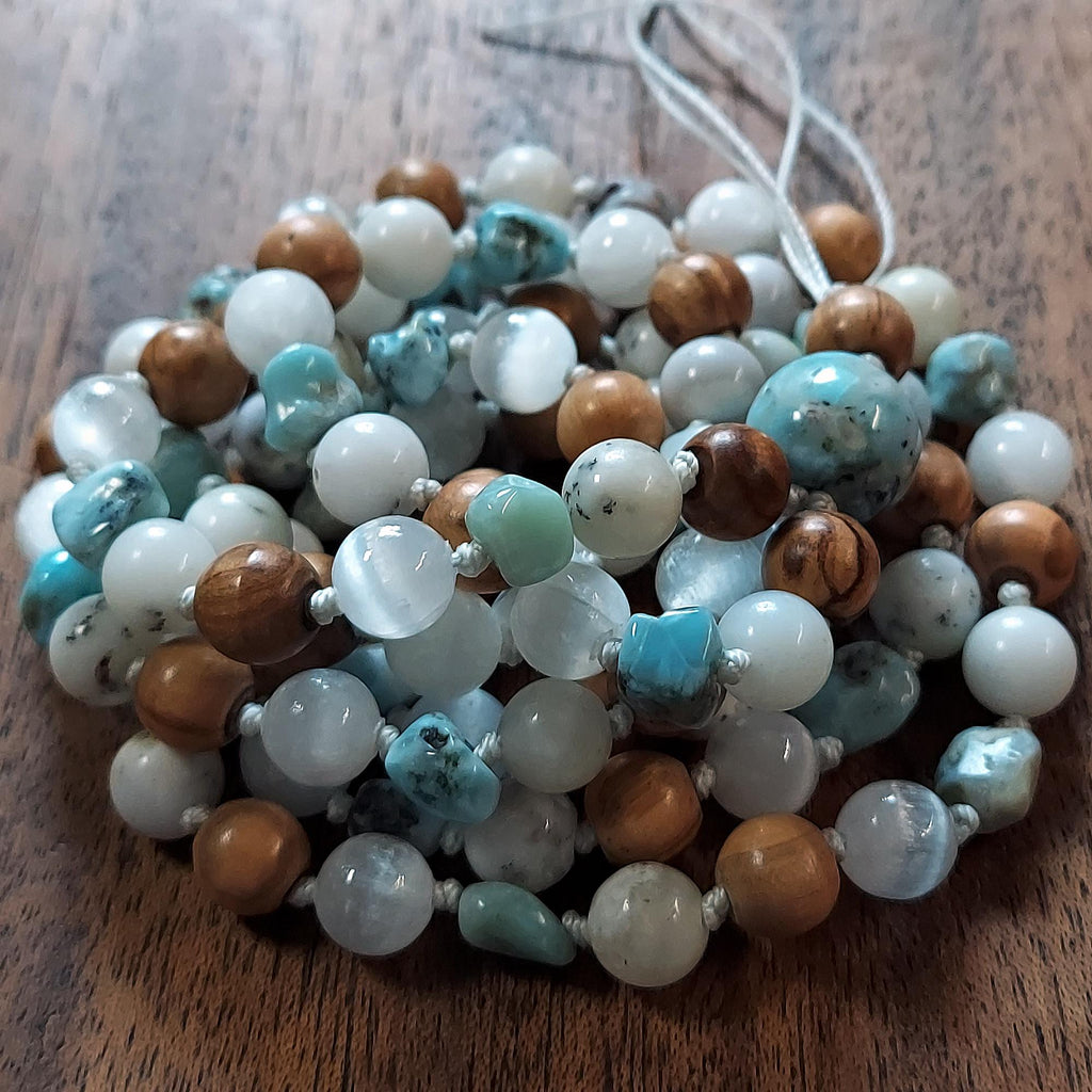 Holy Waters Mala with Olive Wood, Selenite, and Larimar