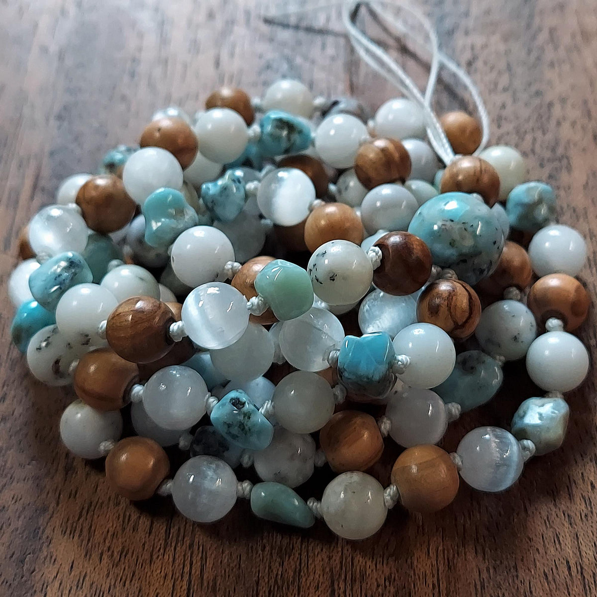 Holy Waters Mala with Olive Wood, Selenite, and Larimar