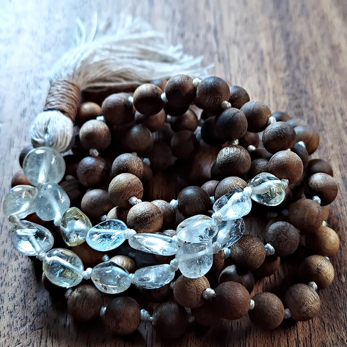 Sky and Smudge Mala with Raw Topaz and Sandalwood