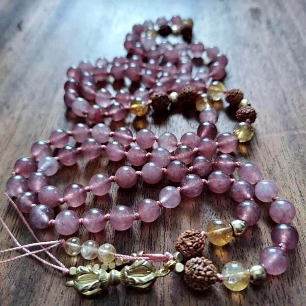 RADIANT HEART DORJE MALA WITH STRAWBERRY QUARTZ