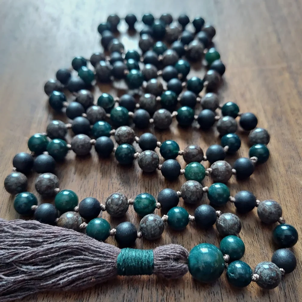 DEEP ROOTS MALA WITH MOSS AGATE AND EBONY WOOD