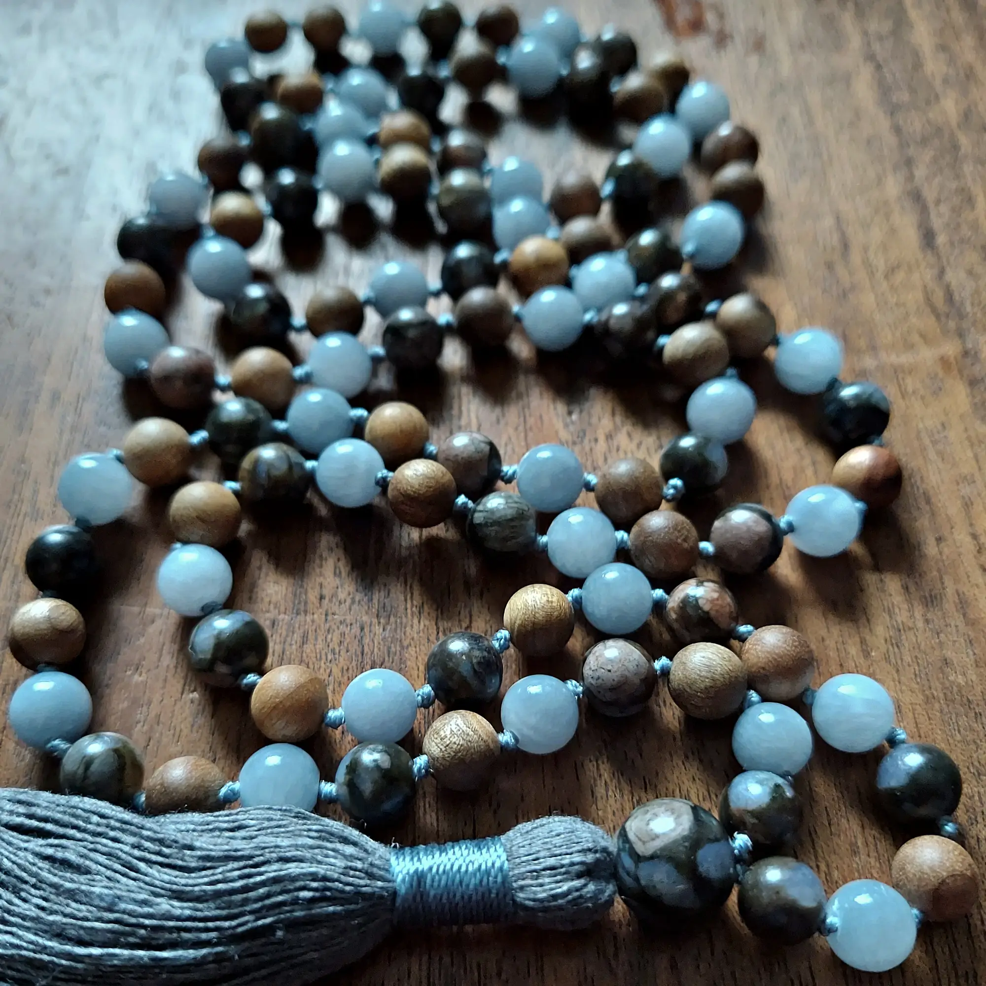 HEAVEN AND EARTH MALA WITH CELESTITE AND SANDALWOOD
