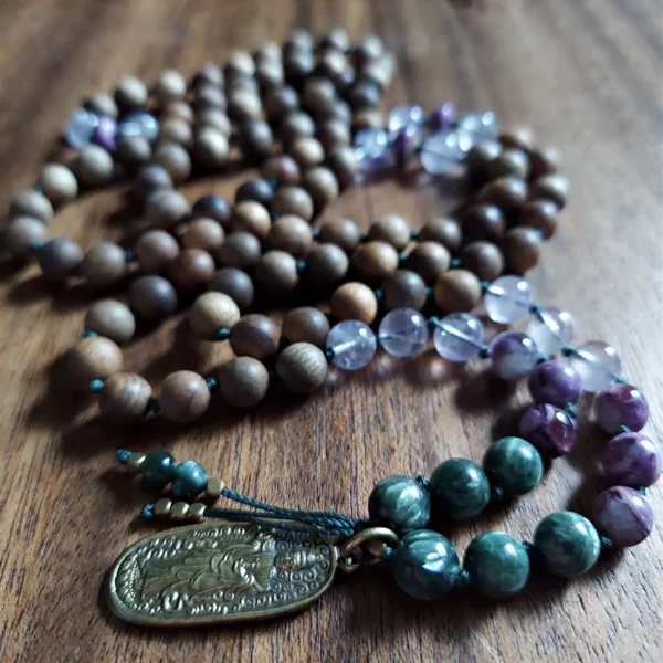 Kwan Yin Whispers of Mercy Mala with Seraphinite and Amethyst