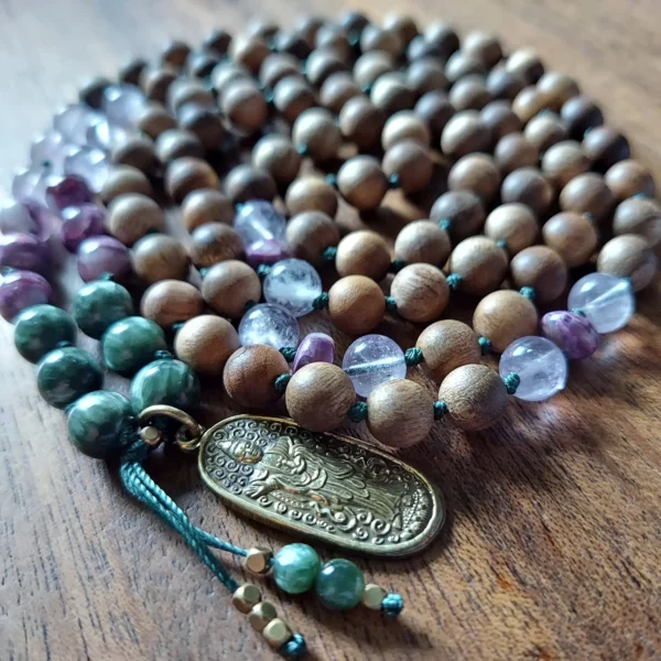 Kwan Yin Whispers of Mercy Mala with Seraphinite and Amethyst