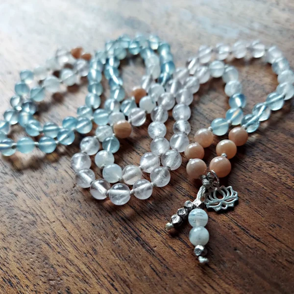 Lotus Heart Mala with Rose Quartz and Aquamarine